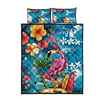 Hawaiian Flamingo Hibiscus Personalised Quilt Bed Set Blue Summer Tropical Flowers - Polynesian Pride