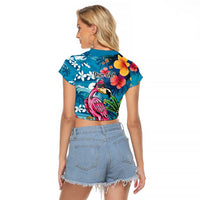 Hawaiian Flamingo Hibiscus Personalised Raglan Cropped T Shirt Blue Summer Tropical Flowers - Polynesian Pride