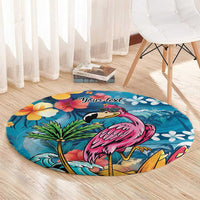 Hawaiian Flamingo Hibiscus Personalised Round Carpet Blue Summer Tropical Flowers - Polynesian Pride