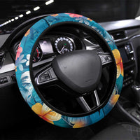 Hawaiian Flamingo Hibiscus Steering Wheel Cover Blue Summer Tropical Flowers - Polynesian Pride
