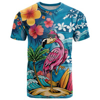 Hawaiian Flamingo Hibiscus Personalised T Shirt Blue Summer Tropical Flowers - Polynesian Pride