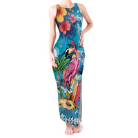 Hawaiian Flamingo Hibiscus Personalised Tank Maxi Dress Blue Summer Tropical Flowers - Polynesian Pride
