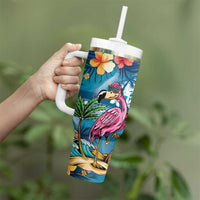 Hawaiian Flamingo Hibiscus Personalised Tumbler With Handle Blue Summer Tropical Flowers - Polynesian Pride