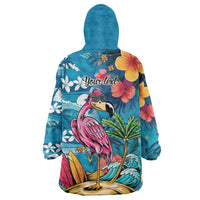 Hawaiian Flamingo Hibiscus Personalised Wearable Blanket Hoodie Blue Summer Tropical Flowers - Polynesian Pride