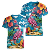 Hawaiian Flamingo Hibiscus Personalised Women V-Neck T-Shirt Blue Summer Tropical Flowers - Polynesian Pride
