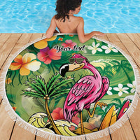 Hawaiian Flamingo Hibiscus Personalised Beach Blanket Green Summer Tropical Flowers - Polynesian Pride