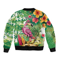 Hawaiian Flamingo Hibiscus Personalised Bomber Jacket Green Summer Tropical Flowers - Polynesian Pride