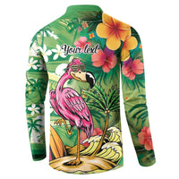 Hawaiian Flamingo Hibiscus Personalised Button Sweatshirt Green Summer Tropical Flowers LT9 - Polynesian Pride