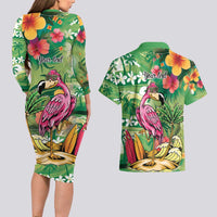 Hawaiian Flamingo Hibiscus Personalised Couples Matching Long Sleeve Bodycon Dress and Hawaiian Shirt Green Summer Tropical Flowers - Polynesian Pride