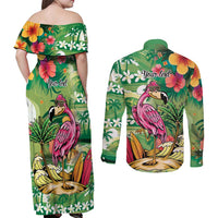 Hawaiian Flamingo Hibiscus Personalised Couples Matching Off Shoulder Maxi Dress and Long Sleeve Button Shirt Green Summer Tropical Flowers - Polynesian Pride
