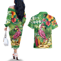 Hawaiian Flamingo Hibiscus Personalised Couples Matching Off The Shoulder Long Sleeve Dress and Hawaiian Shirt Green Summer Tropical Flowers - Polynesian Pride