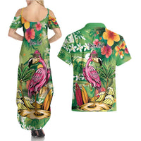 Hawaiian Flamingo Hibiscus Personalised Couples Matching Summer Maxi Dress and Hawaiian Shirt Green Summer Tropical Flowers - Polynesian Pride