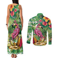 Hawaiian Flamingo Hibiscus Personalised Couples Matching Tank Maxi Dress and Long Sleeve Button Shirt Green Summer Tropical Flowers - Polynesian Pride