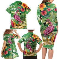Hawaiian Flamingo Hibiscus Personalised Family Matching Long Sleeve Bodycon Dress and Hawaiian Shirt Green Summer Tropical Flowers - Polynesian Pride