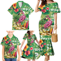 Hawaiian Flamingo Hibiscus Personalised Family Matching Mermaid Dress and Hawaiian Shirt Green Summer Tropical Flowers - Polynesian Pride