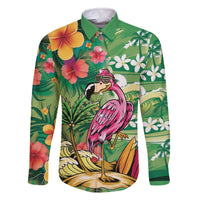 Hawaiian Flamingo Hibiscus Personalised Family Matching Off The Shoulder Long Sleeve Dress and Hawaiian Shirt Green Summer Tropical Flowers - Polynesian Pride
