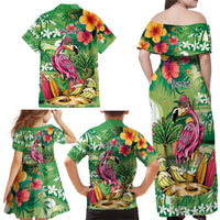 Hawaiian Flamingo Hibiscus Personalised Family Matching Off Shoulder Maxi Dress and Hawaiian Shirt Green Summer Tropical Flowers - Polynesian Pride