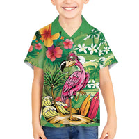 Hawaiian Flamingo Hibiscus Personalised Family Matching Off Shoulder Short Dress and Hawaiian Shirt Green Summer Tropical Flowers - Polynesian Pride