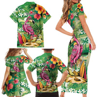 Hawaiian Flamingo Hibiscus Personalised Family Matching Short Sleeve Bodycon Dress and Hawaiian Shirt Green Summer Tropical Flowers - Polynesian Pride