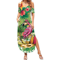 Hawaiian Flamingo Hibiscus Personalised Family Matching Summer Maxi Dress and Hawaiian Shirt Green Summer Tropical Flowers - Polynesian Pride