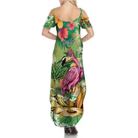 Hawaiian Flamingo Hibiscus Personalised Family Matching Summer Maxi Dress and Hawaiian Shirt Green Summer Tropical Flowers - Polynesian Pride