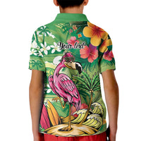 Hawaiian Flamingo Hibiscus Personalised Kid Polo Shirt Green Summer Tropical Flowers - Polynesian Pride