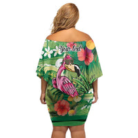 Hawaiian Flamingo Hibiscus Personalised Off Shoulder Short Dress Green Summer Tropical Flowers - Polynesian Pride