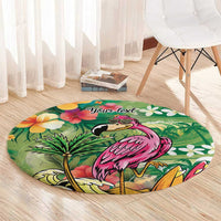 Hawaiian Flamingo Hibiscus Personalised Round Carpet Green Summer Tropical Flowers - Polynesian Pride