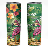 Hawaiian Flamingo Hibiscus Personalised Skinny Tumbler Green Summer Tropical Flowers - Polynesian Pride