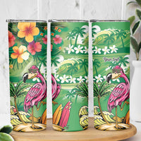 Hawaiian Flamingo Hibiscus Personalised Skinny Tumbler Green Summer Tropical Flowers - Polynesian Pride