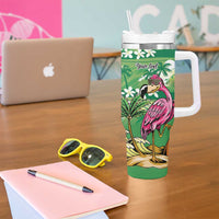 Hawaiian Flamingo Hibiscus Personalised Tumbler With Handle Green Summer Tropical Flowers - Polynesian Pride