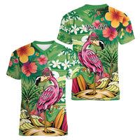 Hawaiian Flamingo Hibiscus Personalised Women V-Neck T-Shirt Green Summer Tropical Flowers - Polynesian Pride