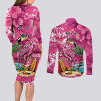 Hawaiian Flamingo Hibiscus Personalised Couples Matching Long Sleeve Bodycon Dress and Long Sleeve Button Shirt Pink Summer Tropical Flowers - Polynesian Pride