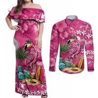Hawaiian Flamingo Hibiscus Personalised Couples Matching Off Shoulder Maxi Dress and Long Sleeve Button Shirt Pink Summer Tropical Flowers - Polynesian Pride