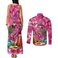 Hawaiian Flamingo Hibiscus Personalised Couples Matching Tank Maxi Dress and Long Sleeve Button Shirt Pink Summer Tropical Flowers - Polynesian Pride