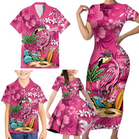Hawaiian Flamingo Hibiscus Personalised Family Matching Short Sleeve Bodycon Dress and Hawaiian Shirt Pink Summer Tropical Flowers - Polynesian Pride