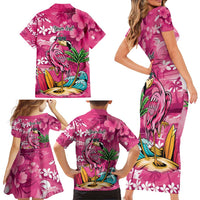 Hawaiian Flamingo Hibiscus Personalised Family Matching Short Sleeve Bodycon Dress and Hawaiian Shirt Pink Summer Tropical Flowers - Polynesian Pride
