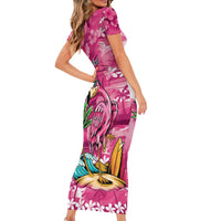 Hawaiian Flamingo Hibiscus Personalised Family Matching Short Sleeve Bodycon Dress and Hawaiian Shirt Pink Summer Tropical Flowers - Polynesian Pride