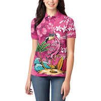 Hawaiian Flamingo Hibiscus Personalised Women Polo Shirt Pink Summer Tropical Flowers - Polynesian Pride