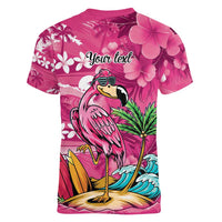 Hawaiian Flamingo Hibiscus Personalised Women V-Neck T-Shirt Pink Summer Tropical Flowers - Polynesian Pride