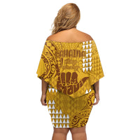 Strong Maui Off Shoulder Short Dress Good Living Hawaii with Shaka Sign Kakau Tribal Gold LT9 - Polynesian Pride