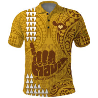 Personalised Strong Maui Polo Shirt Good Living Hawaii with Shaka Sign Kakau Tribal Gold LT9 Gold - Polynesian Pride