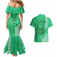 Strong Maui Couples Matching Mermaid Dress and Hawaiian Shirt Good Living Hawaii with Shaka Sign Kakau Tribal Green LT9 - Polynesian Pride