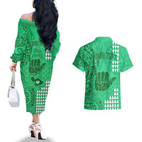Personalised Strong Maui Couples Matching Off The Shoulder Long Sleeve Dress and Hawaiian Shirt Good Living Hawaii with Shaka Sign Kakau Tribal Green LT9 - Polynesian Pride