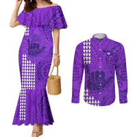 Strong Maui Couples Matching Mermaid Dress and Long Sleeve Button Shirts Good Living Hawaii with Shaka Sign Kakau Tribal Purple LT9 Purple - Polynesian Pride