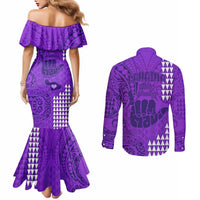 Strong Maui Couples Matching Mermaid Dress and Long Sleeve Button Shirts Good Living Hawaii with Shaka Sign Kakau Tribal Purple LT9 - Polynesian Pride