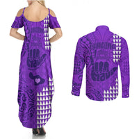 Strong Maui Couples Matching Summer Maxi Dress and Long Sleeve Button Shirts Good Living Hawaii with Shaka Sign Kakau Tribal Purple LT9 - Polynesian Pride