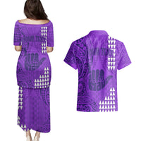 Personalised Strong Maui Couples Matching Puletasi Dress and Hawaiian Shirt Good Living Hawaii with Shaka Sign Kakau Tribal Purple LT9 - Polynesian Pride