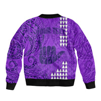Personalised Strong Maui Sleeve Zip Bomber Jacket Good Living Hawaii with Shaka Sign Kakau Tribal Purple LT9 - Polynesian Pride