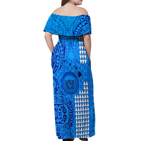 Maui Island Off Shoulder Maxi Dress Kakau Tribal Mixed Polynesian Pattern Blue LT9 - Polynesian Pride
